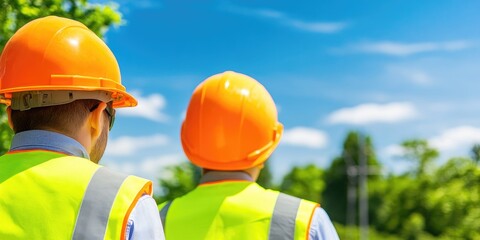 Two construction workers in safety gear looking towards a clear blue sky, emphasizing safety and teamwork in a work environment.