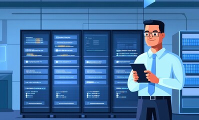 Poster - A professional man stands in front of server racks, holding a tablet, in a high-tech, data center environment.