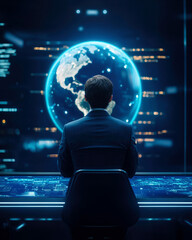 Poster - A suited individual gazes at a glowing, digital globe, immersed in futuristic technology and data analysis.