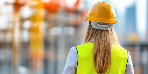 Poster - A person wearing a hard hat and safety vest observes a construction site, emphasizing safety and professional attire in a dynamic environment.