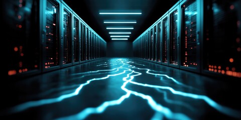 Poster - A futuristic data center corridor with glowing blue lights and illuminated floor patterns, highlighting advanced technology and digital infrastructure.