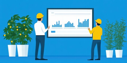 Poster - Two individuals in hard hats analyze data on a screen, surrounded by potted plants, against a blue background, emphasizing teamwork and growth.