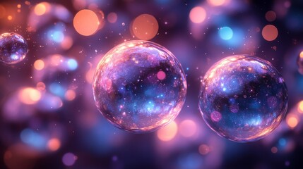 Fototapete - The composition features vibrant, colorful bubbles that appear to float amidst a backdrop of glowing particles, evoking a sense of wonder and fantasy in a cosmic setting.