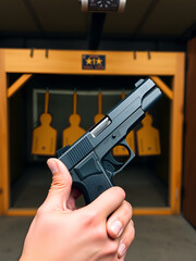 A gun shooter holds 9mm automatic pistol in right hand in front of the gun shooting range, concept for security, robbery, gangster and bodyguard training around the world. selective focus on pistol.