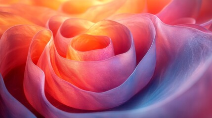 Aufkleber - The close-up captures the delicate layers of a rose, featuring radiant colors of pink, orange, and blue. Sunlight enhances the floral beauty, creating a serene and inviting atmosphere.