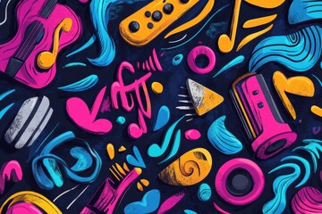 Poster - A vibrant collection of music-themed doodles showcases instruments, notes, headphones, and sound waves in colorful patterns. Generative AI