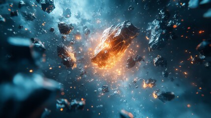Poster - A spectacular display of rocky debris floating in outer space is enhanced by bright, glowing embers, creating a stunning celestial sight. The scene captures the beauty of the cosmos in motion.