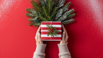 Female hands in a cozy pullover hold a beautifully wrapped Christmas gift box.