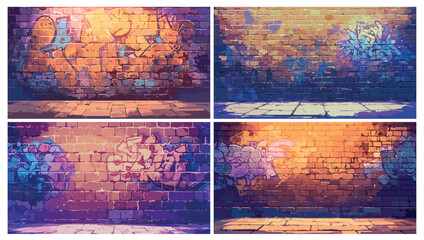 Cartoon urban graffiti brick wall background set. City street art with paint lettering backdrop vector illustration