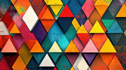 Fototapete - A vivid display of interconnected triangular shapes in various colors creating a striking geometric abstraction with rich textures. Generative AI