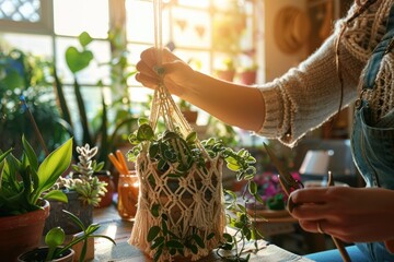 The artisan make macrame for potted of natural plant decoration workshop. Skillful artist create knitting artwork by strings. Crafting handmade rope art with artistic tool and creativity idea. AIG61.