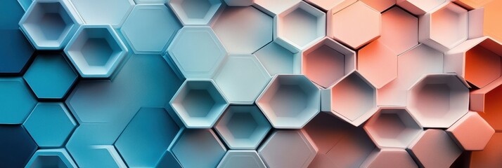 Poster - layered hexagons create a striking geometric abstraction with a gradient transition from blue to ora