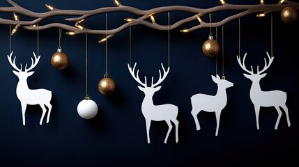 Canvas Print - A wooden wall decorated with white Christmas ornaments, featuring deer silhouettes and branches, creates a warm holiday atmosphere