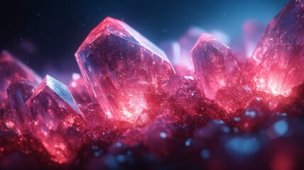 Aufkleber - A stunning array of red crystals is illuminated by gentle blue light, revealing their sharp edges and complex formations in a captivating close-up.