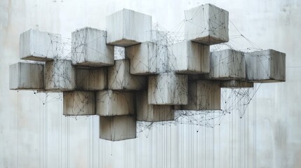 Leinwandbilder - A striking modern art installation showcases suspended concrete cubes, intricately connected by thin wires, creating a fascinating visual effect in an urban environment.