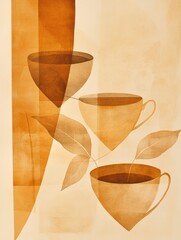 Poster - A delicate arrangement of tea cups intertwined with stylized tea leaves, creating a soothing and artistic composition in warm colors. Generative AI