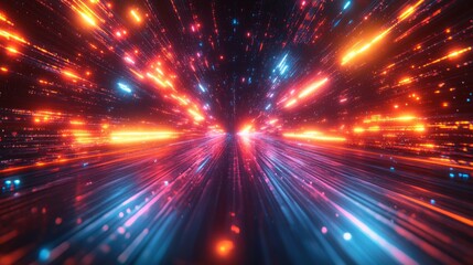 Fototapete - Bright streaks of color converge and diverge in an electrifying display, forming a tunnel-like effect that evokes a feeling of rapid movement through a vibrant digital space.