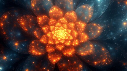 Fototapete - Brilliantly colored flower-like formations burst with energy, showcasing shades of orange and yellow, set against a deep, contrasting cosmic backdrop, creating an otherworldly effect.