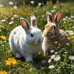 Rabbits in a flowering meadow