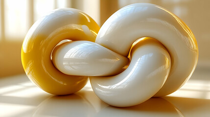 Wall Mural - Abstract intertwined shapes in white and yellow colors.