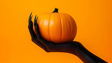 Wall Mural - Spooky Halloween Hand Holding a Pumpkin on Orange Background