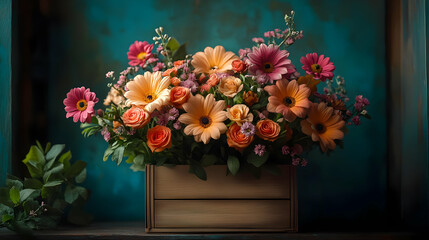 Sticker - A vibrant floral arrangement in a wooden box against a teal background.