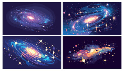 Spiral galaxy set. Deep space background with shining stars milky way, cosmic scene vector illustration