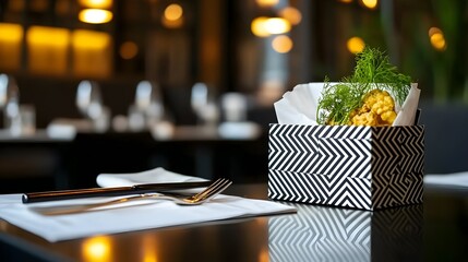 Minimalist takeout box with black and white geometric patterns, styled on a polished dining table in a luxury city restaurant, isolated on white background