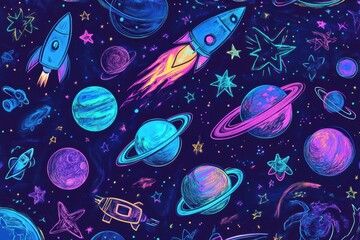 Poster - A colorful collection of cosmic-themed doodles showcases rockets, various planets, shining stars, and asteroids in a playful design. Generative AI