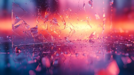 Fototapete - Fragments of shattered glass scatter across a reflective surface, illuminated by vivid colors and soft lighting during an artistic display.