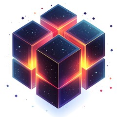Poster - Abstract digital illustration of glowing cubes in a cosmic space, evoking feelings of mystery and wonder.