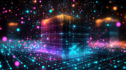 Wall Mural - A glowing cube surrounded by vibrant particles in a digital space.