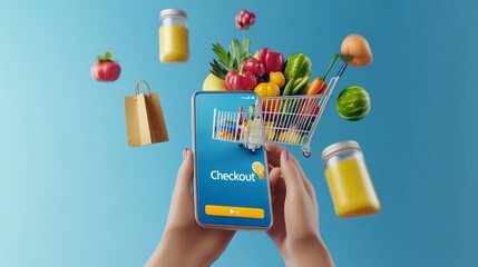Hands holding a smartphone with a shopping cart full of groceries on the screen, with floating grocery items around the phone.