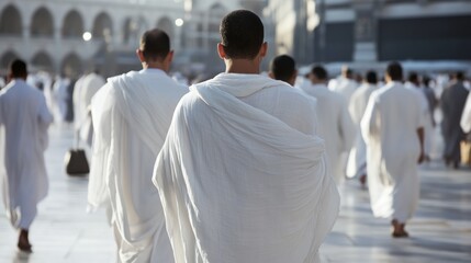 Muslim pilgrims in white robes walk towards the Kaaba during Hajj in Mecca, Saudi Arabia.