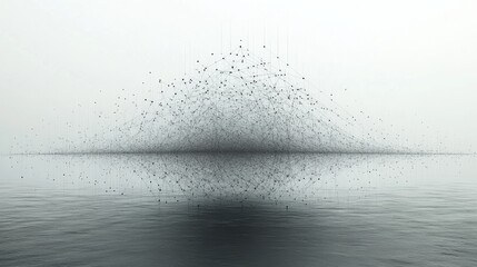 Leinwandbilder - An intricate network of dark lines and points emerges over a tranquil water surface, creating an abstract formation against a soft, muted background.
