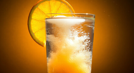 Wall Mural - glass of sparkling beverage with orange slice and bubbles in refreshing drink