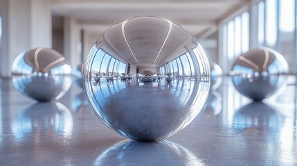 Aufkleber - A series of shiny, reflective spheres are positioned on a polished floor inside a contemporary space. Natural light floods through large windows, enhancing the artistic ambiance.