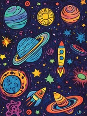 Aufkleber - Vibrant doodles showcase a cosmic theme with planets, stars, rockets, and asteroids, creating a whimsical galactic atmosphere. Generative AI