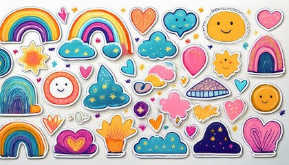 Naive playful abstract doodle shapes sticker pack in childish style. Colored crayon drawn by a kid 