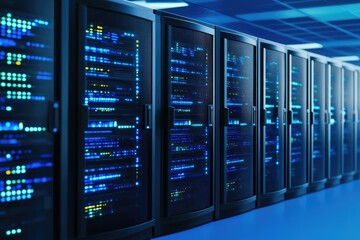 Poster - A row of illuminated server racks in a data center, showcasing advanced technology with blue lighting and intricate wiring.