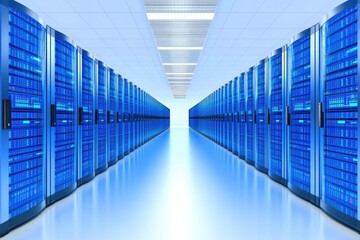 Poster - A modern server room featuring rows of blue servers, illuminated by overhead lights, creating a sleek and high-tech ambiance.