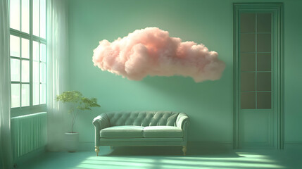 Canvas Print - A serene room with a cloud and a vintage couch in soft colors.