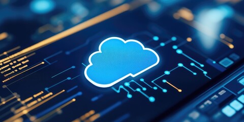 Poster - A digital representation of a cloud symbol with circuit-like elements, indicating cloud computing and data transfer technology.