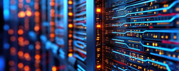 Poster - A close-up view of a server rack showcasing illuminated cables and circuits, highlighting the intricate design and technology of data storage solutions.