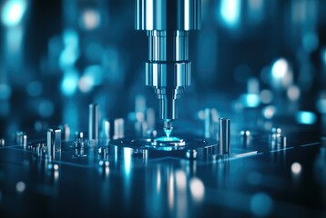 Poster - A close-up view of a precision instrument applying a droplet onto a microchip, showcasing modern technology and intricate design in a blue-toned environment.