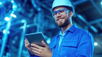 Poster - A smiling worker in safety gear uses a tablet in an industrial setting, showcasing technology's role in modern manufacturing.