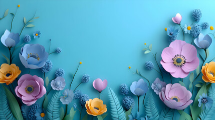 Canvas Print - Colorful paper flowers against a blue background for decoration.