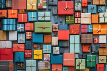 Poster - Numerous small, colorful gift boxes of different sizes are neatly arranged, creating a festive and cheerful display perfect for celebrations. Generative AI