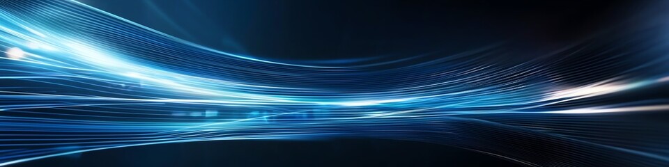 Poster - Abstract blue wave light trail on dark background, illustrating futuristic technology and dynamic motion. Ideal for modern digital themes.