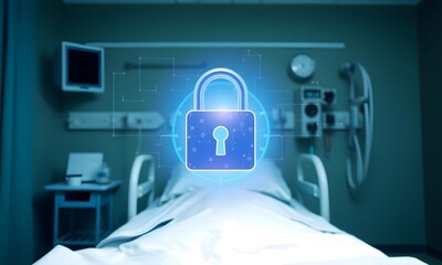 A hospital bed with a digital lock hovering above symbolizes healthcare data security and patient privacy. Encrypted data streams surround the bed, blending technology with the protection of sensitive